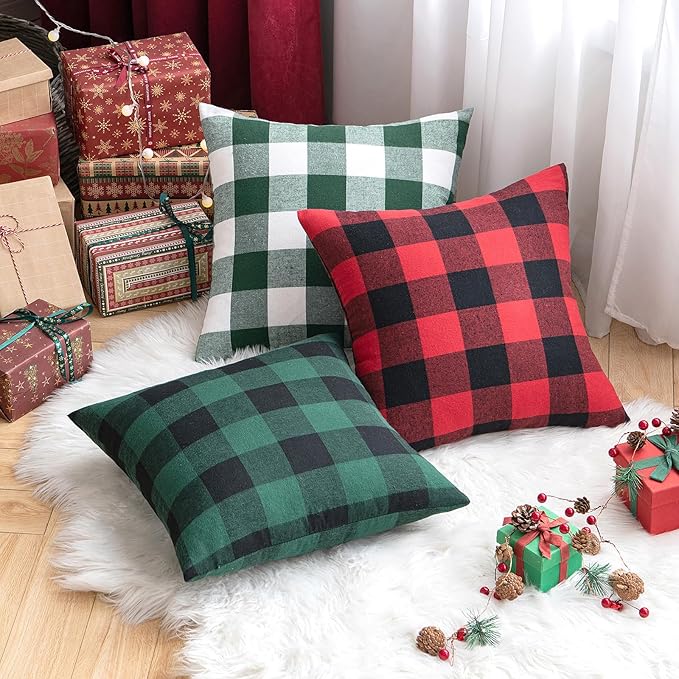 MIULEE Christmas Pack of 2 Buffalo Check Plaids Throw Pillow Covers Classic Retro Linen Farmhouse Cushion Case Soft Square Pillowcases for Home Decor Sofa Bedroom Couch 20 x 20 Inch Green and White