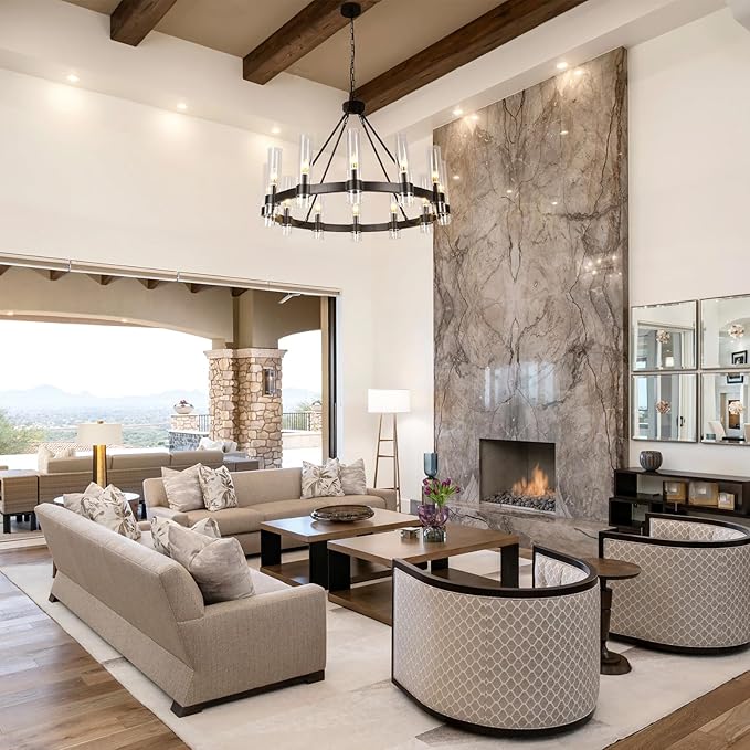 36 Inch Black Wagon Wheel Chandelier with Glass Shade, 12-Lights Farmhouse High Ceiling Chandeliers, Large Round Modern Black Chandeliers for Dining Room Living Room Bedroom Foyer