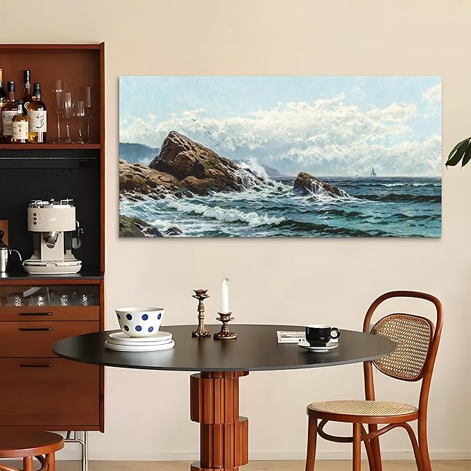 crmotu Large Wall Art for Living Room, Coastal Landscape Retro Canvas Painting, Ocean Waves Vintage Decor Art Prints, Blue Nautical Scenery Bedroom Bathroom Home Office Pictures Wall Decor 30"X60"