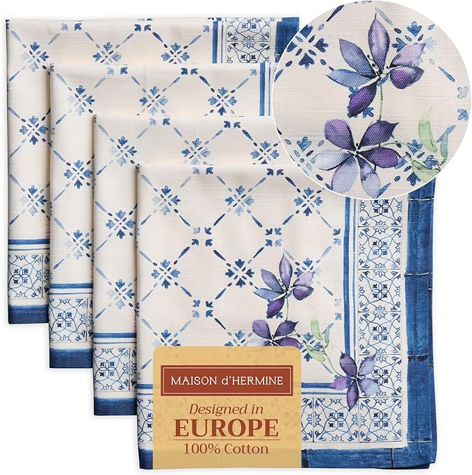 Maison d' Hermine Cloth Napkins Set of 4 100% Cotton Everyday Reusable Square Napkins Cloth Washable, Dinner, Party, Wedding, Restaurant, Spring/Summer (Faience, 20" x 20")