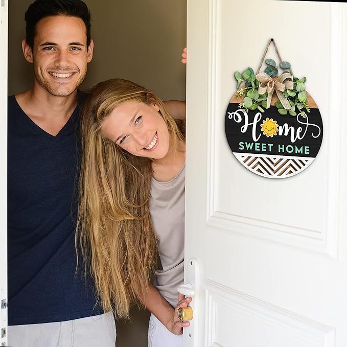 GOSSBY Interchangeable Welcome Sign for Front Door - HOME SWEET HOME - Seasonal Rustic Wood Wreath - Hanging Wall Sign Decoration for Outside, Porch, Farmhouse - New Home, Housewarming Gift