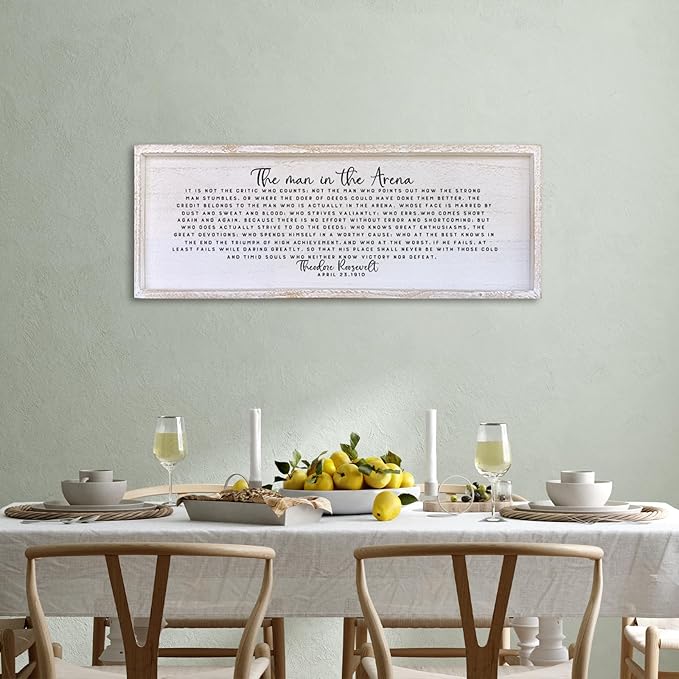 Surfapans The Man In The Arena Wall Decor 40"x15" Morden Office Motivational Wood Framed Sign For Men Large Farmhouse Living Room Inspirational Quotes Positive Speech Home Wall Decoration (White)