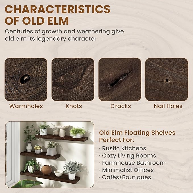 55" Floating Shelves for Wall, Rustic Elm Wood Floating Shelf for Home Decor, Wall-Mounted Display Shelves with Heavy-Duty Bracket, Long Floating Shelf for Bathroom, Kitchen, Living Room, Walnut Color