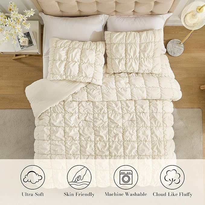 Amelie Home Beige Bubble Comforter Set Twin, 2 Pieces Ultra Soft Cozy Bedding Set for All Seasons, Farmhouse Luxury Gift for Women Home Decor, 68 x 90 inches