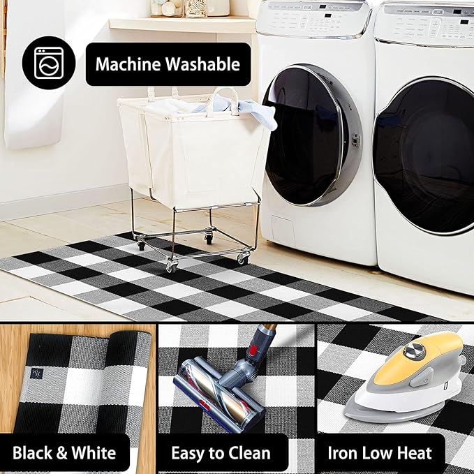KOZYFLY Buffalo Plaid Rug 2x8 Ft Black and White Runners for Hallways Washable Checkered Rug Cotton Kitchen Runner Carpet Runner Rugs for Entryway Bedroom Living Room Farmhouse Runner Rug