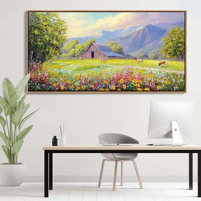 AJAZIKO Rustic Mountain Wall Art - Farmhouse Landscape Wall Decor with Highland Cow & Floral Art - Nature & Country Artwork for Living Room, Bedroom & Walls - Framed Flower Pictures for Home 29x58IN