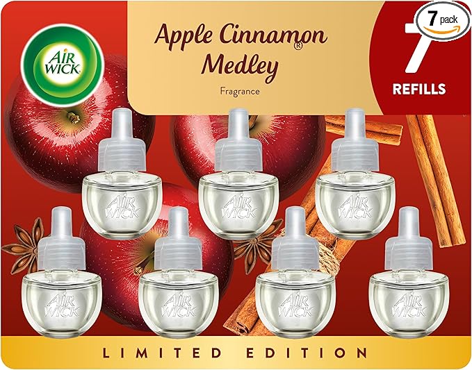 Air Wick Plug in Scented Oil Refill, 7ct, Apple Cinnamon Medley, Fall Scent, Essential Oils, Air Freshener