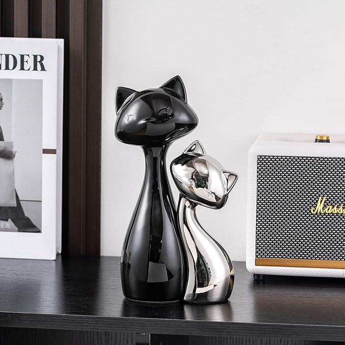 Ceramic Cat Statue Set, Black & Silver Cute Home Decor Figurines, Lucky Cats Desk Accessories for Cat Lovers, Memorial Cats Themed, Modern Collectible Decor for Bookshelf, Living Room