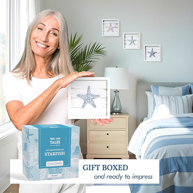 TideAndTales 3D Starfish Wall Art (Framed Set of 3) Coastal Theme Wall Hanging Decoration for Bathroom or Tropical Bedroom, Ocean Inspired Seashell Decor for Home or Beach House (7"x 7")