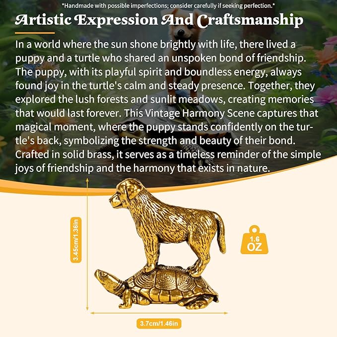 Retro Handcrafted TurtleTop Pup Statue - 100% Solid Brass Desk Decor | Vintage Style Collectible Art Piece for Home & Office | Unique Gift for Animal Lovers, Elegant Tabletop Sculpture