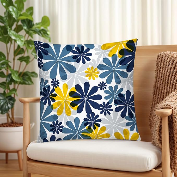 Navy Orange Throw Pillow Cover 18x18 Set of 6, Grey Blue Pillow Covers, Daisy Dahlia Pillowcase, Square Cushion Covers for Couch Sofa Living Room Home