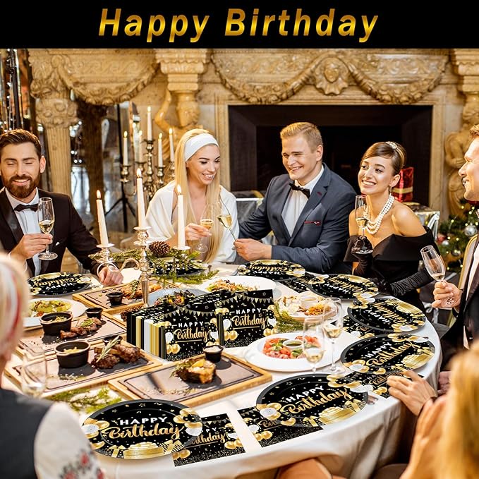 Birthday Oval Paper Plate 11inch Large Happy Birthdays Plates and Napkins, Black and Gold Party Decoration Favor Dish Tray for Man Woman Bday Baby Shower Holiday Gathering Supplies Tableware, 25 Guest