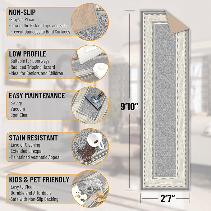 Ottomanson Hallway Runner Rug 2'7" x 9'10" Non Slip Border Area Rugs Easy to Clean Laundry Rug Runner Durable & Pet Friendly Floor Carpet Runners for Hallways Entryway Living Room Kitchen, Light Gray