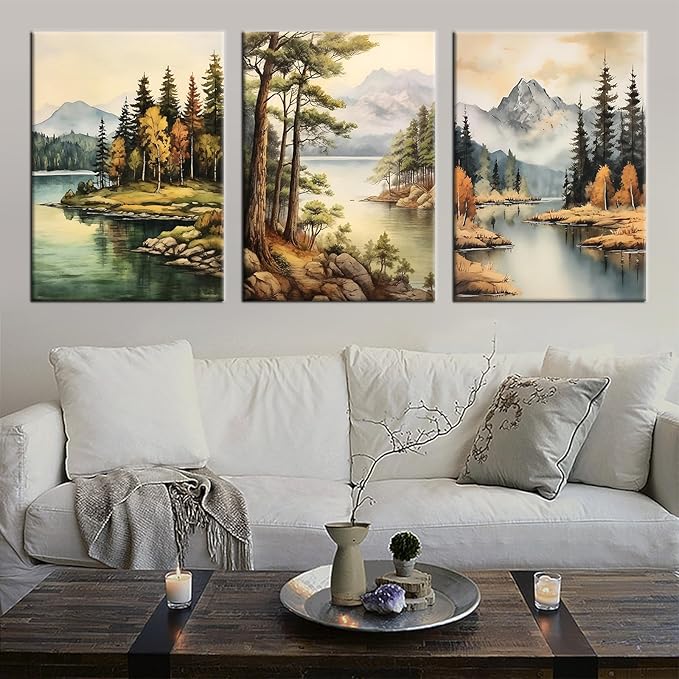 3 Pieces Forest Canvas Wall Art Home Decor Posters Print Mountain Trees Lake Beautiful Autumn Landscape HD Picture Painting Artwork for Living Room Hotel Workplace Stretched and Framed [60''Wx28''H]