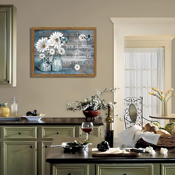 Wood Framed Daisy Butterfly Wall Art, Blue Rustic Farmhouse Canvas Wall Decor Paintings, Inspirational Flower Still Life Posters Prints Pictures for Kitchen Bathroom Home Decor 16x24 Inch