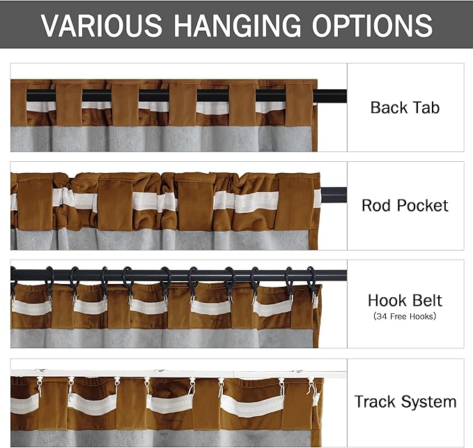 StangH Gold Brown Curtains Luxury Velvet Blackout Thermal Insulated Window Drapes for Bedroom White Liner Back Tab Hook Belt for Track System Room Dividers, W52 x L84, 2 Panels