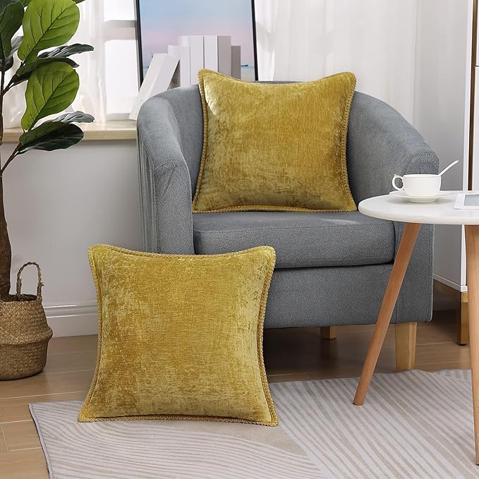decorUhome Chenille Soft Throw Pillow Covers 16x16 Set of 2, Farmhouse Velvet Neutral Decorative Euro Pillow Covers with Stitched Edge for Couch Sofa Bed Home Decor, Mineral Yellow