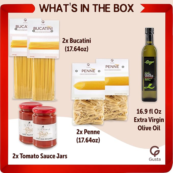 Gusta Pasta Gift Basket in Deluxe Packaging - Made in Italy - Healthy Holiday Basket Gift for Men, Birthdays, Families, Parties, Housewarming, Client Thank You & Sympathy