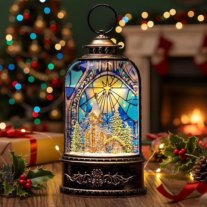 Christmas Snow Globe Lantern Water Glittering Churches & Holy Family with Music& Timer, USB Lined/Battery Operated Lighted Lantern for Christmas Festival Decoration Gifts