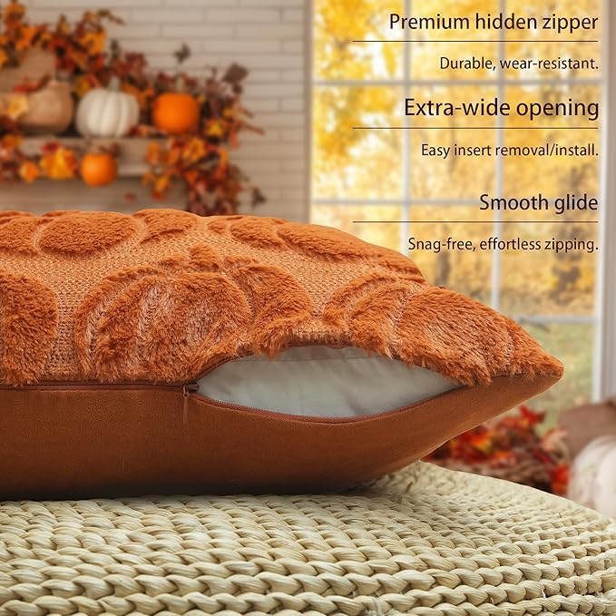 GEEORY Fall Pillow Covers 18 x 18 Inch Set of 2, Fall Decorations Pumpkins Soft Plush Fluffy Faux Fur Wool Decorative Autumn Farmhouse Cushion Case for Sofa Orange GC018-18