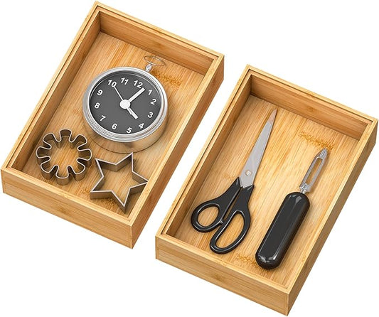 Bamboo Kitchen Drawer Organizer,Stackable Silverware Tray Utensil Organizer Cutlery Holder for Kitchen,Wooden Storage Box for Bathroom, Multi-Use Storage Bins Boxs Dividers for Office(9x6x2.5 inch）