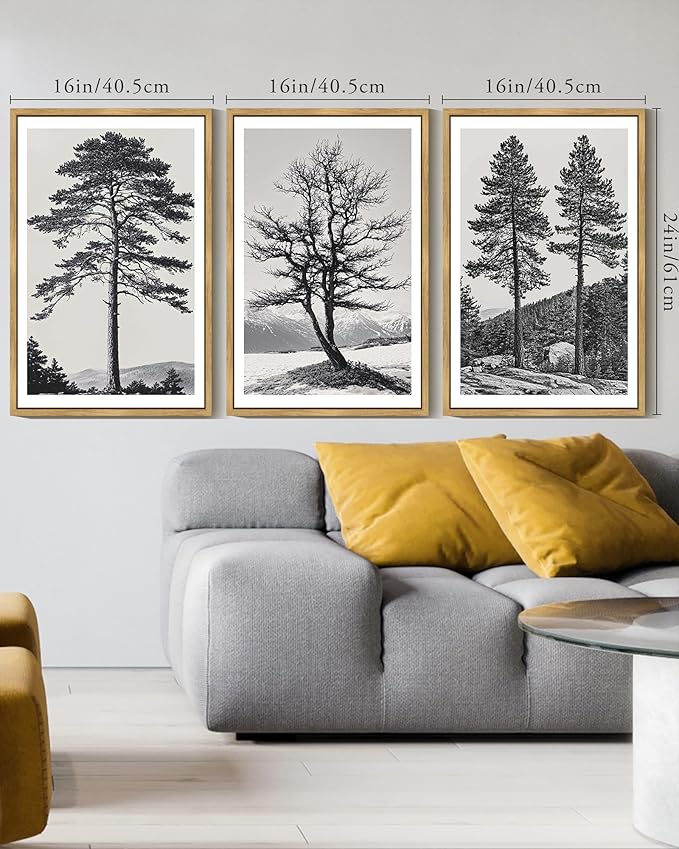 KUVIOKE Vintage Black Gray Forest Wall Art Framed Antique Retro Tree Prints Modern Rustic Artwork Bedroom Living Room Ready to Hang 16x24in (Natural Framed)
