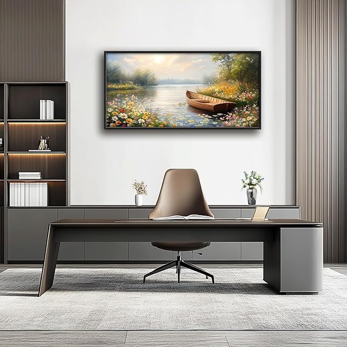 Framed Large Wall Art for Living Room, Lake Boat Canvas Wall Decor, Flower Pictures Painting, Natural Landscape Artwork for Living Room Bedroom Office 60L'' × 30W''