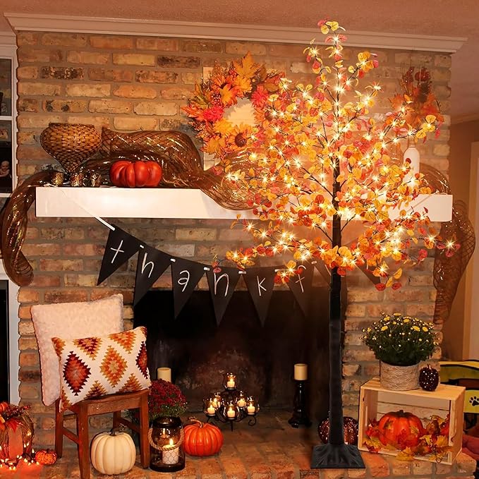 Agusbagli 6FT 240LED Lighted Eucalyptus Tree - Artificial Fall Tree with 575 Leaves, Timer, 8 Mode Lights - Home Indoor Outdoor Thanksgiving Decor