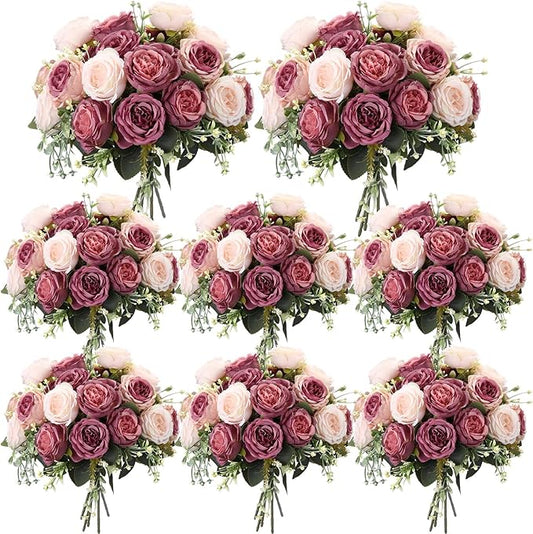 Geosar 8 Bundles Artificial Peonies Flowers Fake Silk Peony Bouquet Faux Peonies Flowers Bulk for Decoration Vase Florals Arrangements Wedding Party Table (Dusty Pink,Dusty Rose)