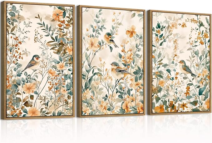 ANHUIB Large Neutral Floral Wall Art 16x24 Inch Beige Botanical Wall Decor Bird Painting Set of 3 for Living Room Bedroom Barhroom
