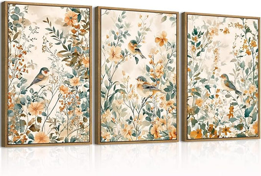 ANHUIB Large Neutral Floral Wall Art 16x24 Inch Beige Botanical Wall Decor Bird Painting Set of 3 for Living Room Bedroom Barhroom
