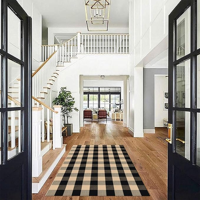KOZYFLY Buffalo Plaid Area Rug 4 x 6 Ft Brown and Black Checkered Rug Washable Outdoor Rugs Cotton Rugs for Bedroom Front Door Mat Carpet for Front Porch Living Room Dining Room Kitchen