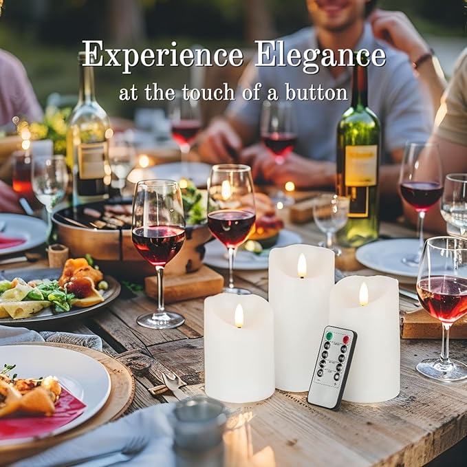 VENTA Set of 3 Ivory & White Pillar Candles | Real Wax Battery Operated Flickering LED Candles with Remote | Timeless Decor for Farmhouse, Modern & Mantel Displays