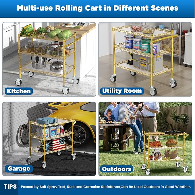 Leteuke 3 Tier Rolling Carts with Wheels,Heavy Duty Utility Bar Cart,NSF Commercial Grade Metal Cart with Handle&Shelf Liner,Trolley Serving Cart for Kitchen,Restaurant,Plant Display,Gold