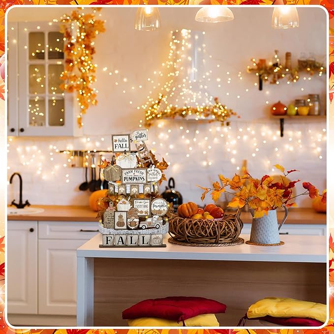 24 Pcs Fall Tiered Tray Decoration Set Thanksgiving Table Sign Pumpkins Farmhouse Decor Gnome Maple Leaves Decorative Trays Harvest Wood Blocks Signs Fall Block Tabletop for Autumn