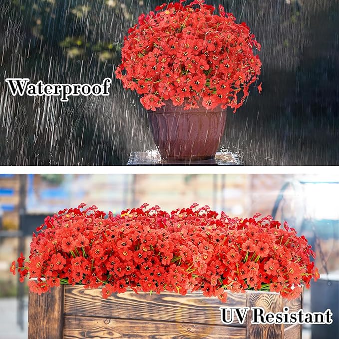 20 Bundles Artificial Flowers for Outdoors Decorations, Fake Flowers Faux Plants Silk Colorful Daisy Eucalyptus Flowers Realistic UV Resistant for Garden Patio Porch Box Home Decor (Red)