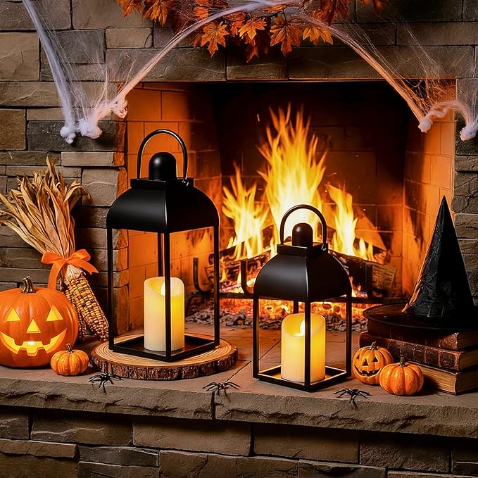Lanterns Decorative Indoor Outdoor 15" 11" Set of 2 Lantern Decor Black Metal Candle Lanterns with Flameless Candles, Outdoor Lanterns for Porch Patio Wedding Mantle Home Decor