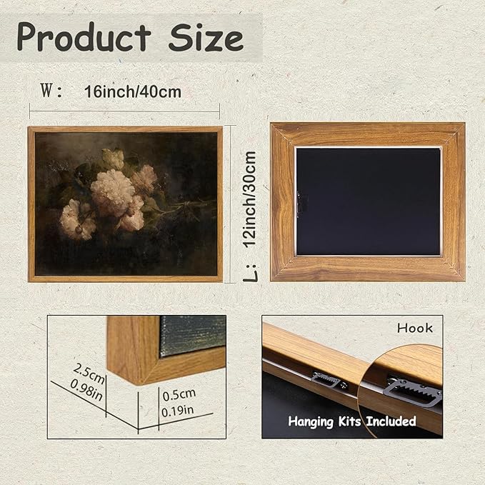 KBKBART Framed Canvas Wall Art Vintage , Dark Vintage Still Life Flower Canvas Oil Painting, Classical Moody Peony Bouquet Prints for Wall Decor, Antique Floral Art Painting Victorian Decor Artwork for Bedroom Living Room Bathroom Gallery(12"x16")