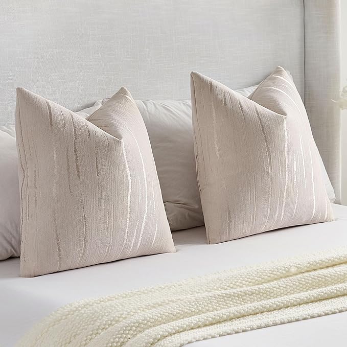 FUTEI Beige Chenille Decorative Throw Pillow Covers 16x16 Inch Set of 2,Soft Embossed Striped Textured Cushion Case,Modern Home Decor for Couch Bed Living Room