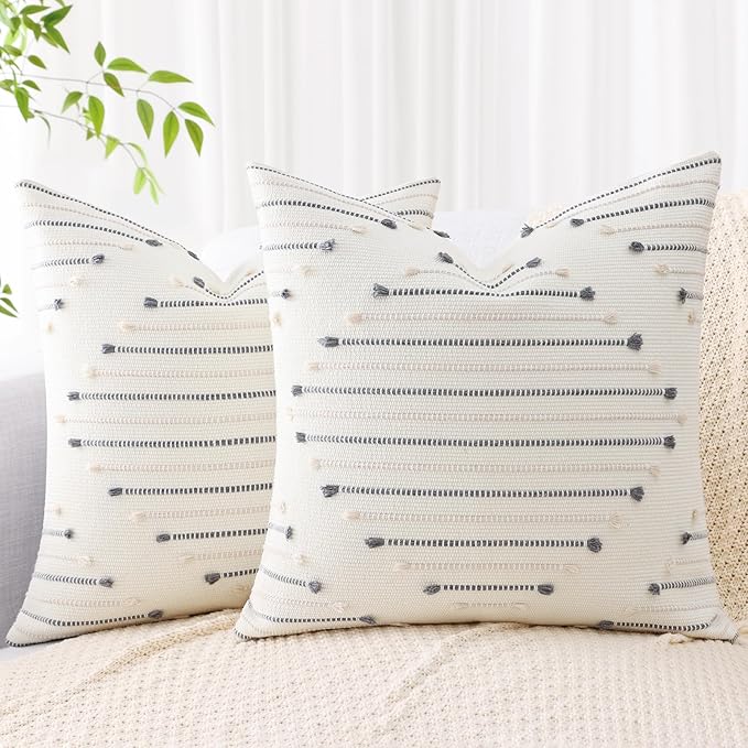 Mecatny Boho Outdoor Throw Pillow Covers 18X18 Set of 2, Farmhouse Decorative Pillow Covers for Couch Sofa Living Room, Beige & Grey