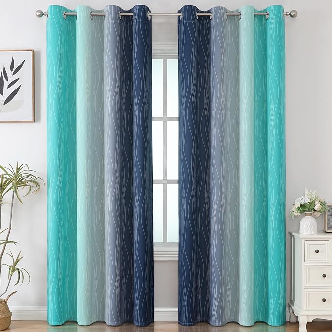Estelar Textiler Navy Blue and Teal Gradient Blackout Curtains for Sliding Door, Thermal Insulated Ombre Blackout Drapes, Full Light Blocking Energy Saving Curtains for Living Room,52Wx108L,2 Panels