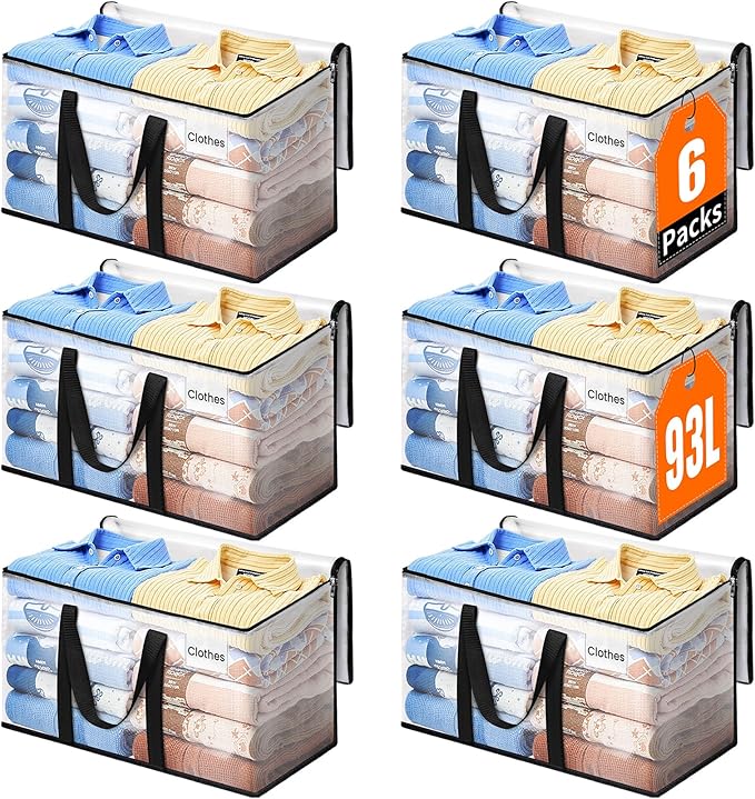 Extra Large Heavy Duty Moving Bags, Storage Bags with Strong Zippers & Handles, Packing Bags for Moving Essentials, Ideal Storage Tote for Home, Dorm & Storage Solutions, 93L, 6 Packs, Clear