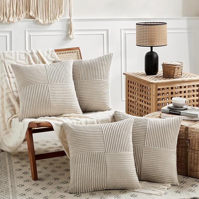 Fancy Homi 4 Packs Neutral Taupe Decorative Throw Pillow Covers 16x16 Inch for Living Room Couch Bed, Rustic Farmhouse Boho Home Decor, Soft Cross Patchwork Corduroy Textured Square Cushion Case 40cm