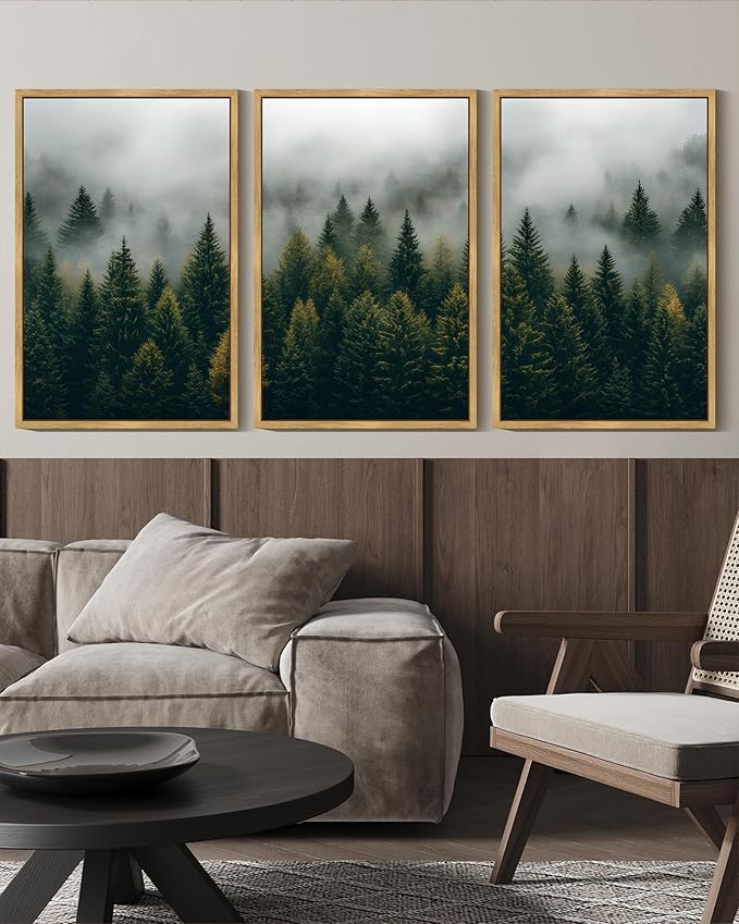 KUVIOKE Green Fog Pine Tree Landscape Framed Wall Art Nature Nordic Misty Forests Prints Morden Farmhouse Bedroom Living Room Ready to Hang 16x24in (Natural Framed)