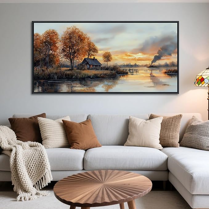QZQCBLC Large Canvas Wall Art, Sunset Clouds Tree Cabin Landscape Pictures Lake View Farmhouse Orange Tone Painting Framed Artwork for Living room Bedroom kitchen Home Office Decor 29x58 IN