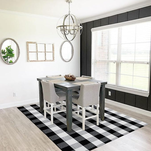 SEEKSEE Cotton Buffalo Plaid Rug 4'x6' Black and White Checked Washable Doormats Indoor Outdoor Rugs Cotton Boho Bedroom Rug for Kitchen Farmhouse Living Room