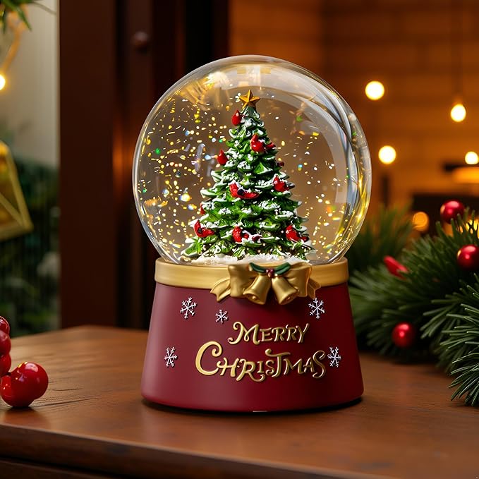 Christmas Snow Globe Lantern Water Glittering Christmas Tree Crown with Music & Timer, USB Lined/Battery Operated Lighted Water Lantern for Christmas Festival Decoration Gifts