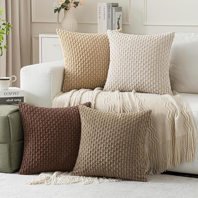 MIULEE Throw Pillow Covers Soft Couch Decorative Set of 4 Boho Striped Cushion Covers Corduroy Pillowcases Farmhouse Accent Home Decor for Fall Couch Bed Sofa Living Room 18x18 Inch Brown