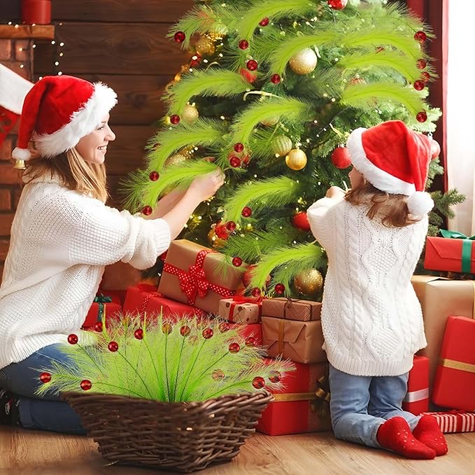 Hananona 60 pcs 15" Green Picks and Sprays Christmas Stems Bulk with Red Ball Xmas Artificial Pampas Stems for Christmas Tree Decor,Vase Fillers, Crafts Home Decorations (60, Green)