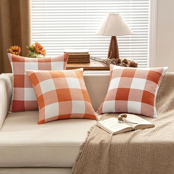 MIULEE Fall Throw Pillow Covers Pack of 2 Decorative Classic Farmhouse Buffalo Check Plaids Polyester Linen Soft Cushion Case for Couch Sofa Bedroom Outdoor 20 x 20 Inch, Burnt Orange